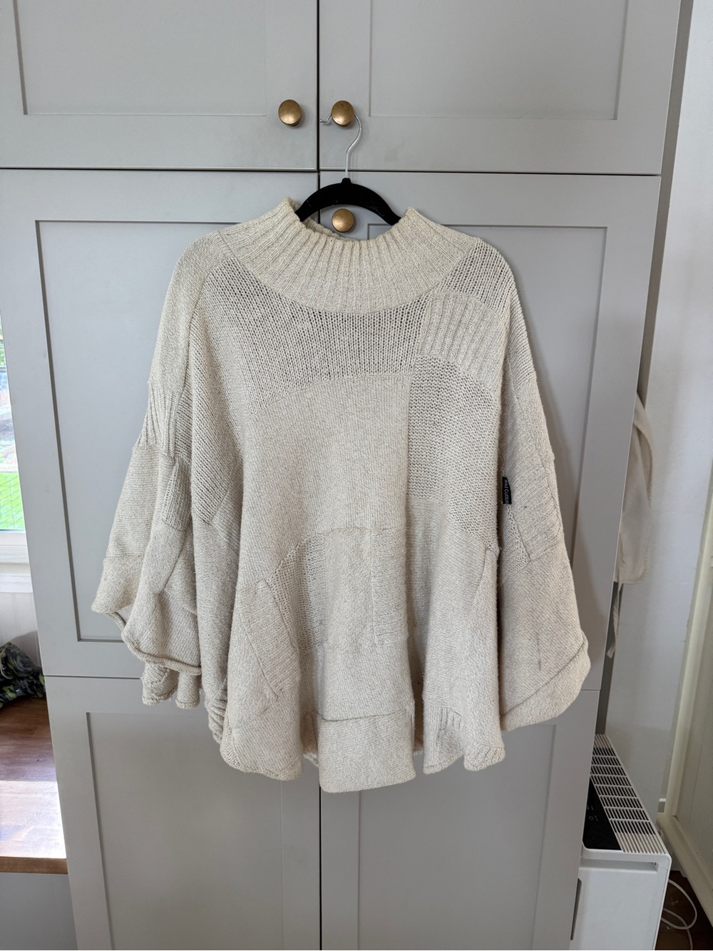 Ribbed Funnel Neck Cream Knit Poncho
